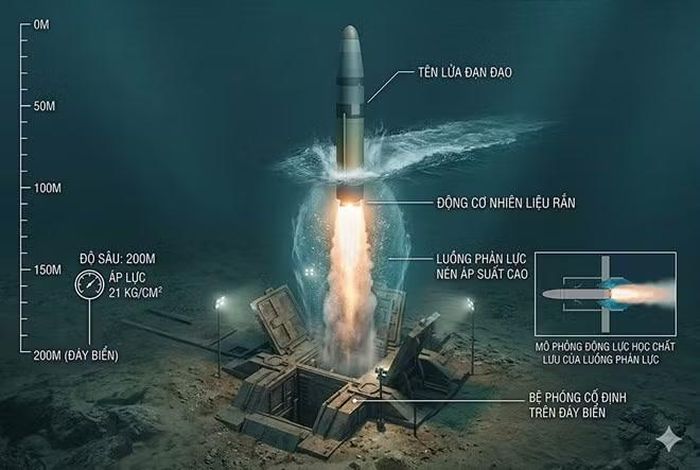 Mô tả thử nghiệm phóng tên lửa ở độ sâu 200m của Trung Quốc. 