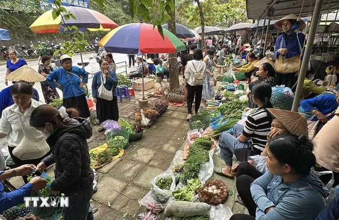 Vào chủ nhật hàng tuần, chợ phiên Phương Độ (Hà Giang 1, Tuyên Quang) lại nhộn nhịp và mang đậm hồn quê. (Ảnh: Đức Thọ/TTXVN)