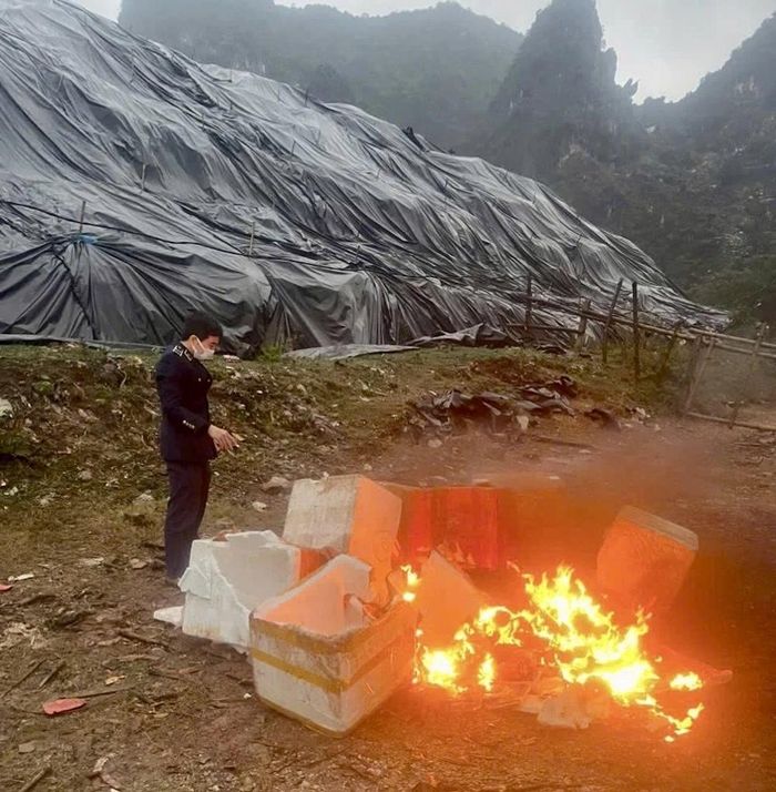 Lực lượng chức năng tiêu hủy thực phẩm bẩn.