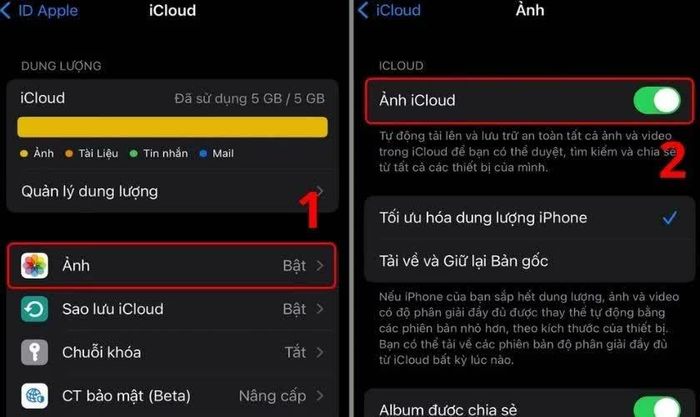 Chọn mục Ảnh và bật Ảnh iCloud để ảnh tự động đồng bộ sang iPhone mới.