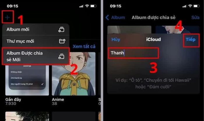 Nhấn dấu + ở góc trên màn hình, đặt tên album và chọn Tiếp.