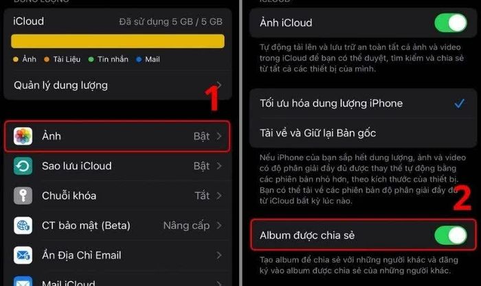 Chọn Ảnh rồi bật mục Album được chia sẻ.