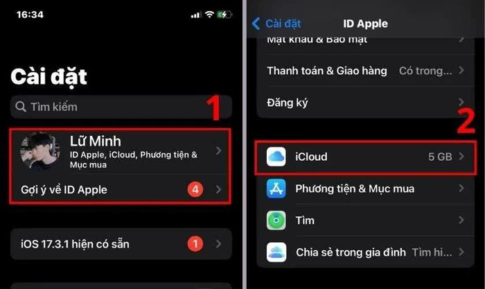 Nhấn vào ID Apple → chọn iCloud.