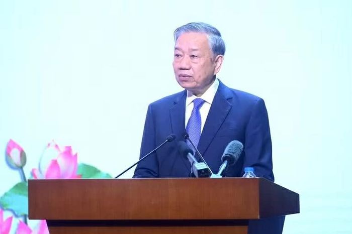 Tổng Bí thư Tô Lâm phát biểu tại Lễ kỷ niệm 75 năm Ngày truyền thống Bệnh viện Trung ương Quân đội 108. (Ảnh: Đăng Khoa)