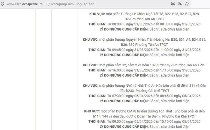 Lịch ngừng cấp điện tại Cần Thơ ngày mai 31/3 được cập nhật ngày 30/3 tại website của EVNSPC. Ảnh: BNEWS phát