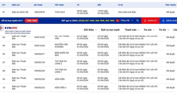 Lịch cắt điện tỉnh Khánh Hòa ngày mai 2/4 trên website của EVNCPC cập nhật ngày 1/4. Ảnh: Bnews/vnanet.vn