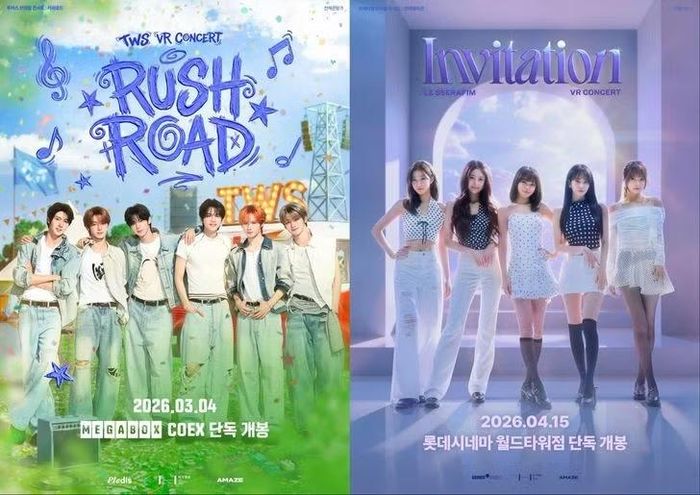 Ảnh poster chính thức "TWS VR CONCERT : RUSH ROAD" của nhóm nhạc nam K-pop TWS (bên trái) và "LE SSERAFIM VR CONCERT : INVITATION" của nhóm nhạc nữ Le Sserafim. Ảnh do AMAZE cung cấp.