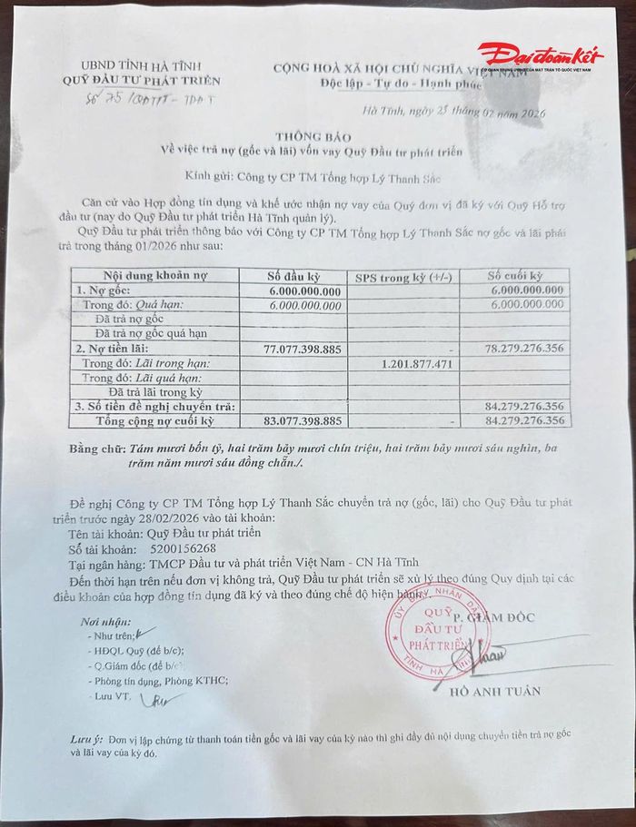 Thông báo nợ của Công ty CP Thương mại Tổng hợp Lý Thanh Sắc. Ảnh: HN.