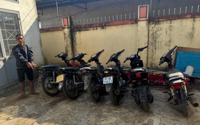 Đối tượng Mai Hồng Phúc và số xe máy trộm cắp bị thu giữ.