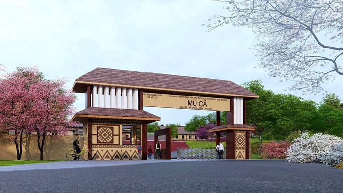 Chủ đầu tư đưa văn hóa bản địa vào thiết kế, xây dựng (Ảnh phối cảnh cổng trường ở xã Mù Cả).