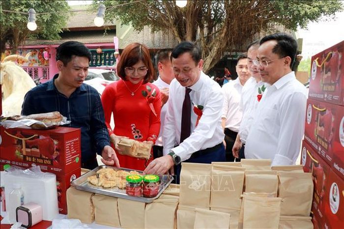 Các đại biểu tham quan các gian hàng trưng bày, quảng bá giới thiệu sản phẩm chủ lực, sản phẩm an toàn và sản phẩm OCOP tỉnh Ninh Bình.