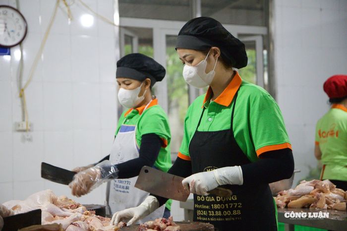 Thịt, cá được làm sạch, loại bỏ phần không đạt, sau đó cắt thái theo định lượng.