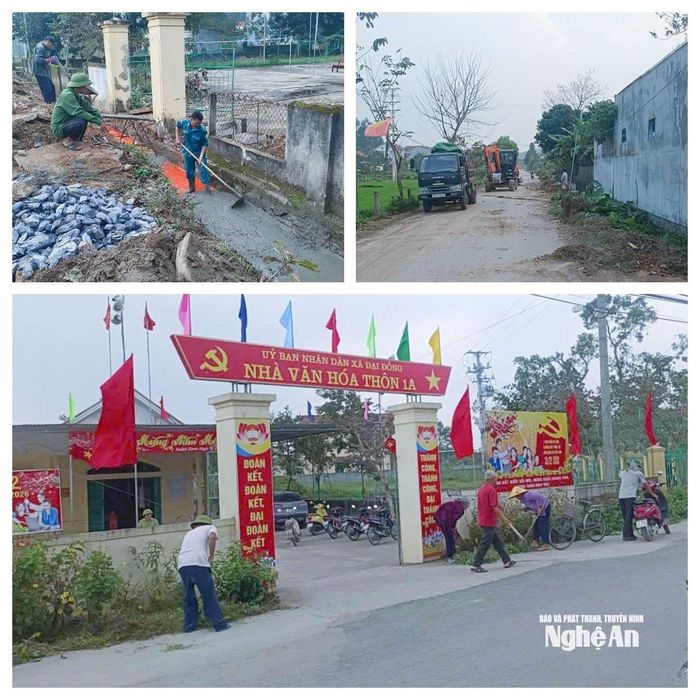 Cán bộ, nhân dân khối 1A xã Đại Đồng triển khai thực hiện Nghị quyết của chi bộ về nâng cấp đường giao thông, hệ thống thoát nước và giữ gìn vệ sinh môi trường. Ảnh: Mai Hoa
