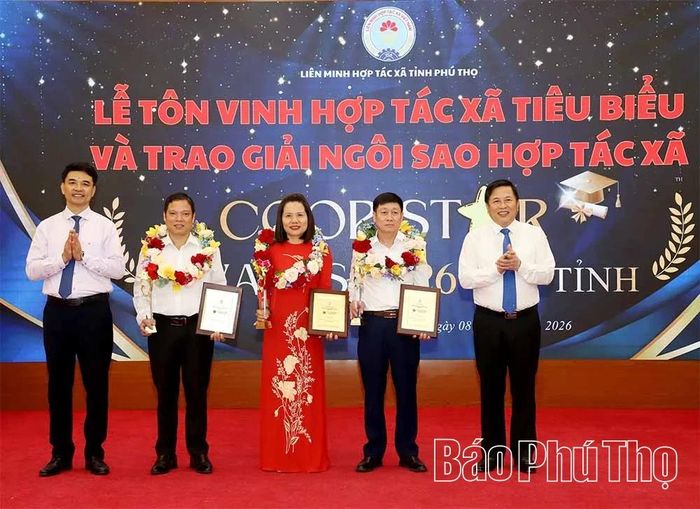 Đồng chí Phó Chủ tịch Liên minh HTX Việt Nam Đinh Hồng Thái và Phó Chủ tịch UBND tỉnh Đinh Công Sứ trao tặng giải thưởng Ngôi sao Hợp tác xã cấp tỉnh năm 2026 cho 3 tập thể.
