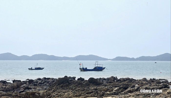 Những con thuyền mưu sinh của ngư dân trên làn nước trong xanh tại bãi biển Cái Chiên. Đây chính là không gian diễn ra các hoạt động trải nghiệm độc đáo như "truy lùng ốc rổ" dành cho du khách.