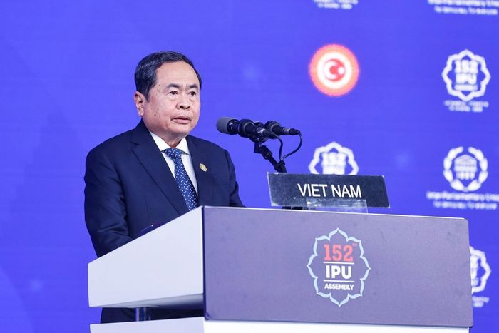 Chủ tịch Quốc hội Trần Thanh Mẫn phát biểu tại phiên thảo luận chung Đại hội đồng IPU-152. Ảnh: QH