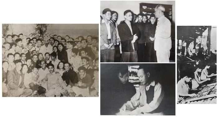 Trong ảnh, từ trái sang phải: Bác Hồ thăm và chúc Tết cán bộ, phóng viên Báo Nhân Dân, năm 1957; Đồng chí Trường Chinh duyệt bài lần cuối số đầu tiên của Báo Nhân Dân trước khi gửi sang nhà in năm 1951; Công nhân xếp chữ tại Chiến khu Việt Bắc trong kháng chiến chống thực dân Pháp. Ảnh: nhandan.vn