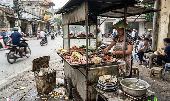 Quầy thức ăn đường phố ven đường với điều kiện vệ sinh hạn chế tiềm ẩn nguy cơ nhiễm khuẩn - Hình minh họa