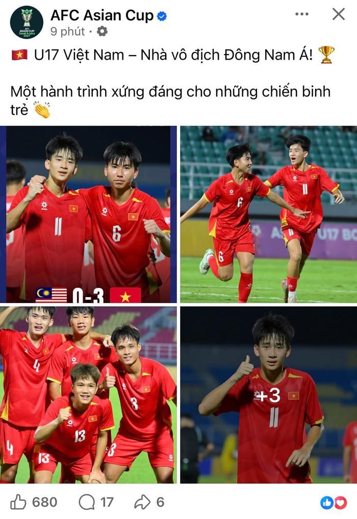 AFC đã đăng bài chúc mừng U17 Việt Nam vô địch U17 Đông Nam Á. Ảnh: AFC