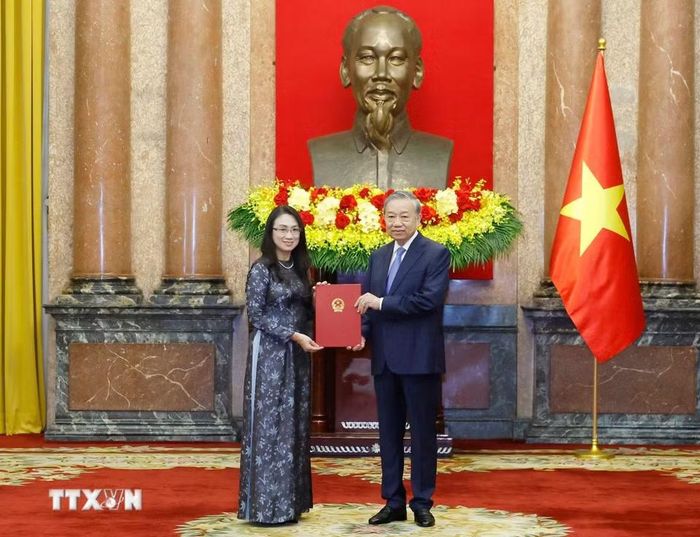 Tổng Bí thư, Chủ tịch nước Tô Lâm trao Quyết định bổ nhiệm bà Châu Mai Anh làm Đại sứ đặc mệnh toàn quyền nước CHXHCN Việt Nam tại Liên Bang Thuỵ Sĩ, kiêm nhiệm Công quốc Liechtenstein. (Ảnh: Thống Nhất/TTXVN)