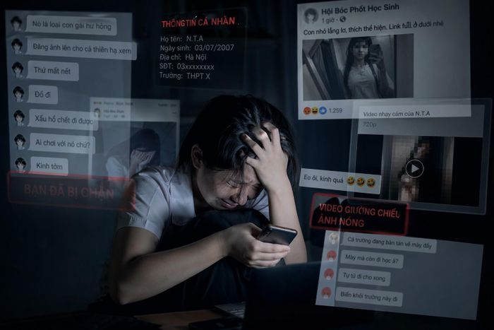 Hình ảnh: Trẻ bị bắt nạt trên mạng bị phát tán thông tin cá nhân hoặc hình ảnh riêng tư, dẫn đến khủng hoảng tâm lý nghiêm trọng