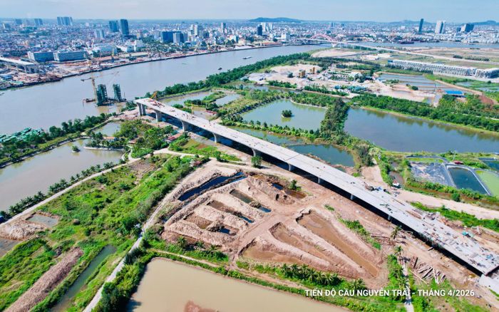 Cầu Nguyễn Trãi kết nối trung tâm thành phố với khu đô thị mới Bắc Sông Cấm, tiến độ tháng 4/2026. 