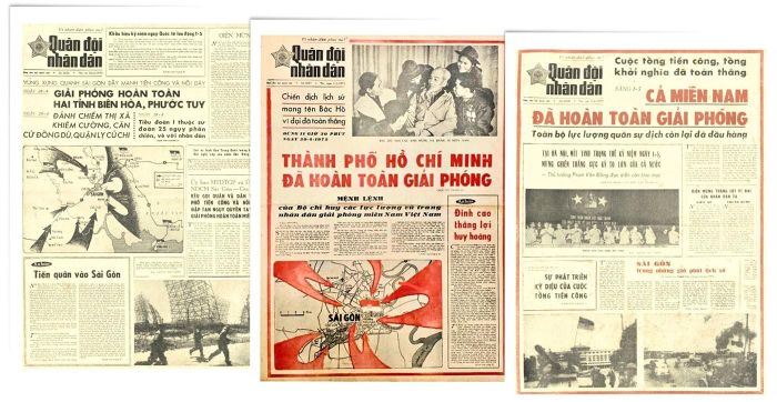 Trang nhất Báo Quân đội nhân dân các số ra ngày 30/4/1975, 1/5/1975 và 2/5/1975.