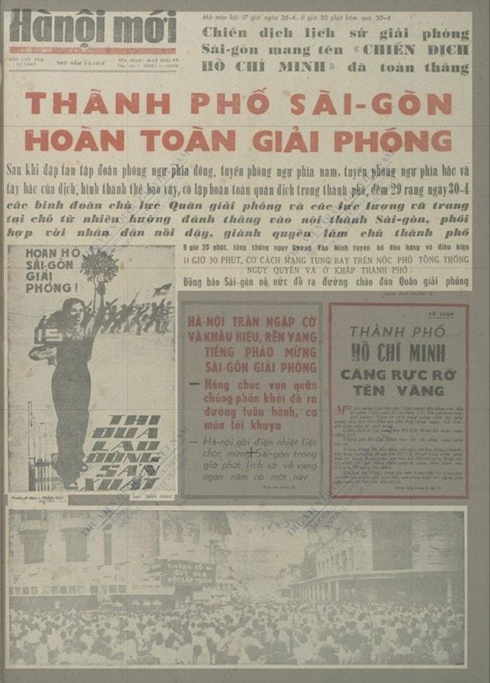 Trang nhất báo Hà Nội mới số ra ngày 1/5/1975. Ảnh chụp lại từ Thư viện Quốc gia.