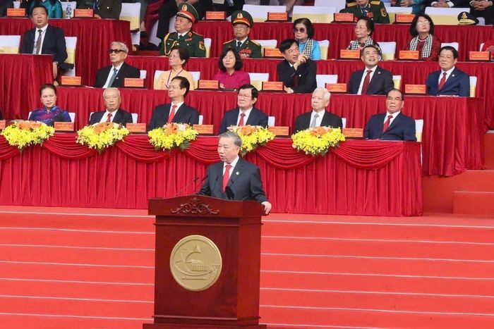 Tổng Bí thư Tô Lâm đọc diễn văn tại lễ kỷ niệm 50 năm Ngày thống nhất đất nước (30/4/1975 - 30/4/2025). Ảnh: TTXVN