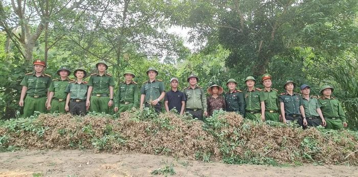 Công an xã Trường Sơn giúp bà con trên địa bàn thu hoạch lạc vào mùa vụ trong thời tiết nắng nóng
