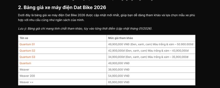 Bảng giá xe máy điện Dat Bike năm 2026 (Ảnh chụp màn hình)