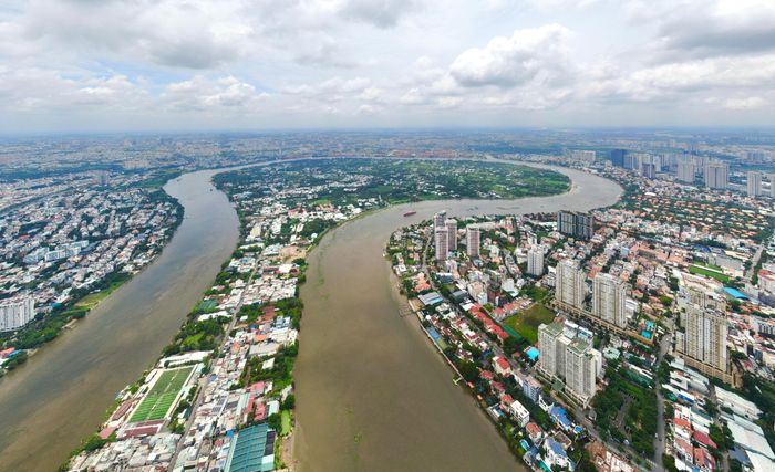 Bán đảo Bình Quới - Thanh Đa nhìn từ trên cao, khu vực đang được TPHCM triển khai dự án khu đô thị mới sau nhiều năm quy hoạch treo. Ảnh: HOÀNG HÙNG