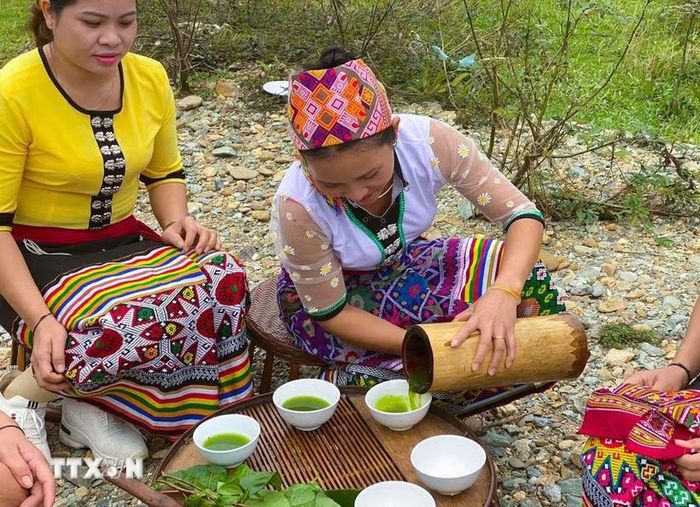 Nước “chè đâm” được giã nhuyễn bằng ống mét già rồi đổ ra bát sứ trước khi thưởng thức. (Ảnh: TTXVN phát)