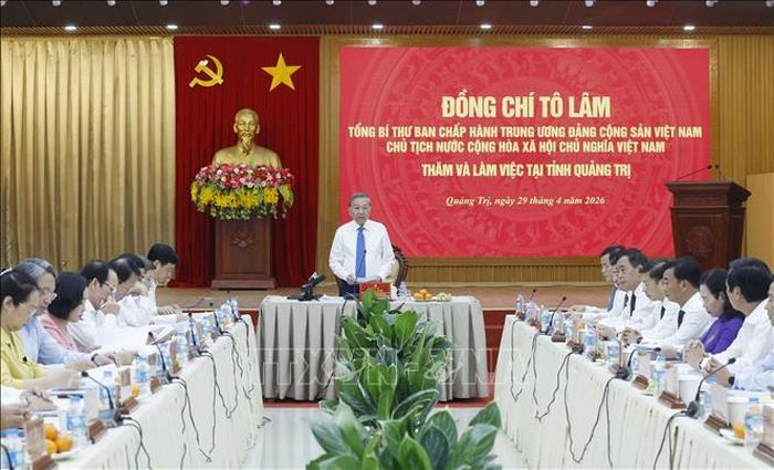 Tổng Bí thư, Chủ tịch nước Tô Lâm phát biểu tại buổi làm việc với Ban Thường vụ Tỉnh ủy Quảng Trị. Ảnh: Thống Nhất/TTXVN