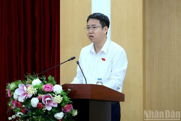  Đại biểu Quốc hội Nguyễn Hoàng Trường phát biểu báo cáo tổng hợp các ý kiến kiến nghị của cử tri gửi các đại biểu Quốc hội. 