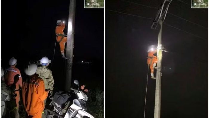 Cán bộ, nhân viên Công ty Điện lực Nghệ An xuyên đêm khắc phục sự cố, nối lại dòng điện phục vụ người dân trên địa bàn xã Nghĩa Đồng.