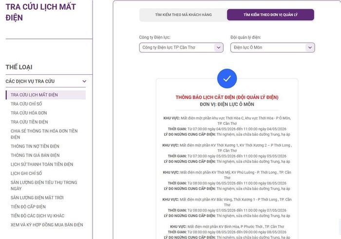 Lịch cắt điện Cần Thơ cập nhật tại Điện lực miền Nam. Ảnh: BNEWS
