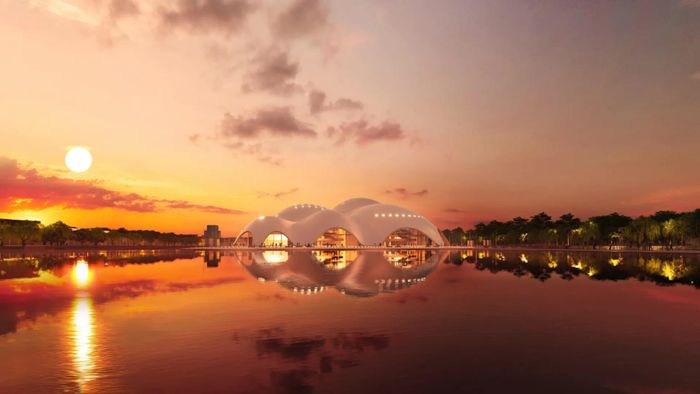 Tựa như một "viên ngọc trai khổng lồ" trồi lên từ lòng Hồ Tây, công trình sở hữu lớp vỏ ceramic có khả năng thay đổi màu sắc kỳ ảo theo ánh sáng tự nhiên.