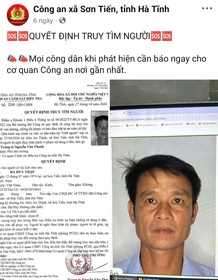 Công an xã Sơn Tiến (Hà Tĩnh) thông báo tìm người.