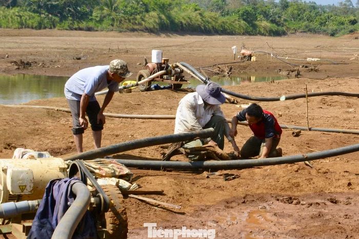 Người dân hì hục bơm nước về vườn.