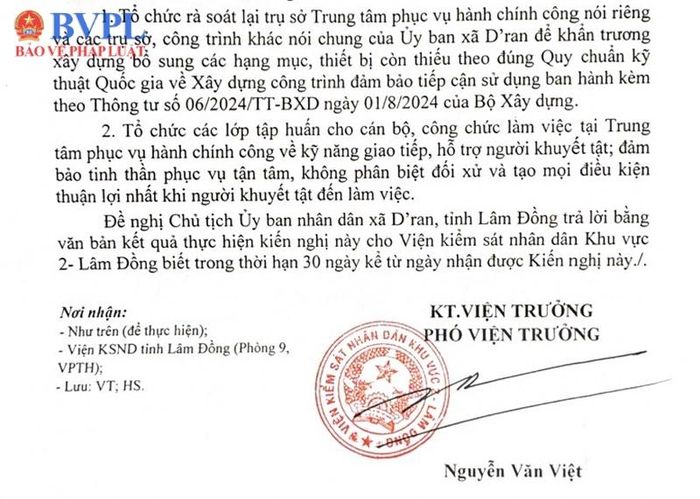  Văn bản kiến nghị của VKSND Khu vực 2 tỉnh Lâm Đồng.