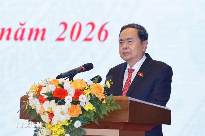 Chủ tịch Quốc hội Trần Thanh Mẫn phát động Phong trào thi đua năm 2026 và nhiệm kỳ 2026-2031. (Ảnh: Doãn Tấn/TTXVN)
