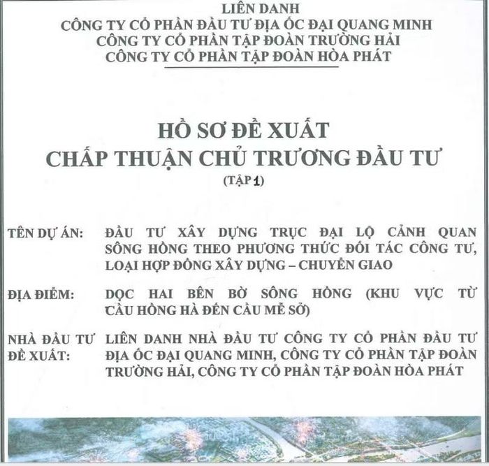 Đại Quang Minh - THACO - Hòa Phát đề xuất dự án đại lộ sông Hồng hơn 27 tỷ USD. Ảnh chụp màn hình