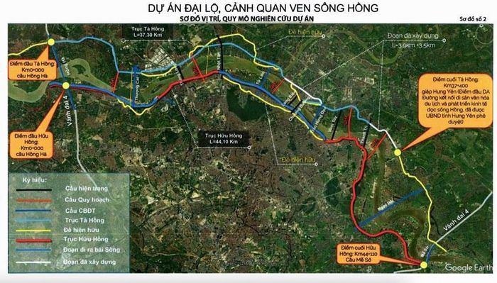 Vị trí và hướng tuyến triển khai Dự án Trục đại lộ cảnh quan sông Hồng. Ảnh: Internet