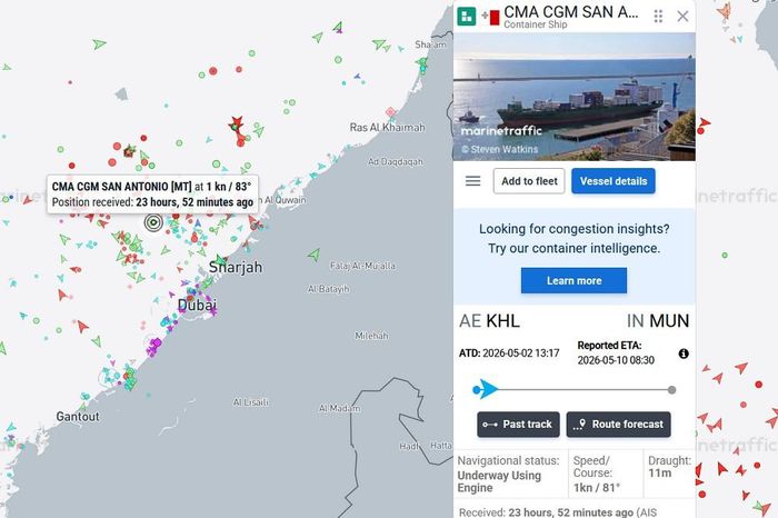 Vị trí của tàu San Antonio. Ảnh: Marine Traffic
