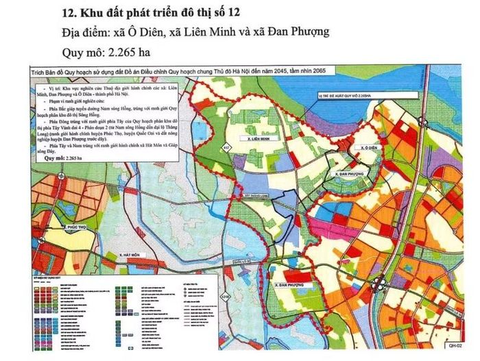 Giá trị quỹ đất thanh toán sơ bộ dự kiến 420.950 tỷ đồng nhưng tổng mức đầu tư dự án khoảng 714.256 tỷ đồng (tương đương mức chênh lệch hơn 293.300 tỷ đồng). Do đó, liên danh nhà đầu tư đề xuất bổ sung quỹ đất đối ứng nằm ngoài phạm vi phân khu sông Hồng khoảng 2.265 ha thuộc các xã Ô Diên, Liên Minh và Đan Phượng.