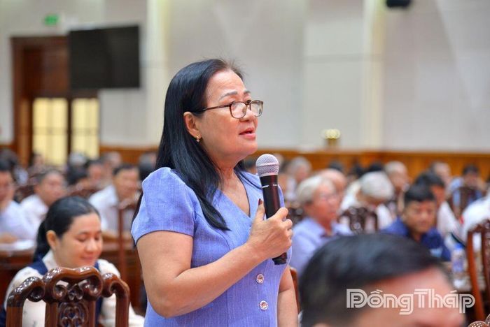 Cử tri phát biểu ý kiến tại buổi tiếp xúc.