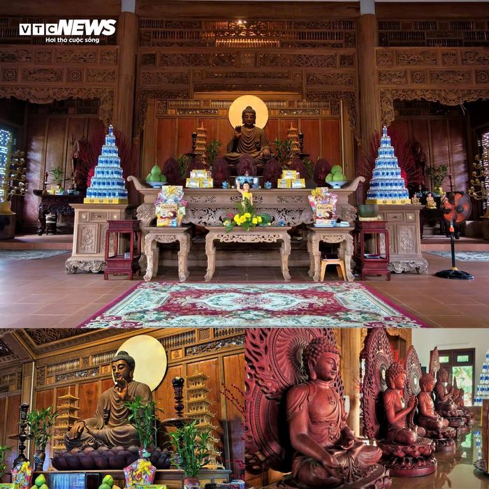 Không gian chánh điện trang nghiêm với đầy đủ các vị Phật, thể hiện trí tuệ và sự che chở.