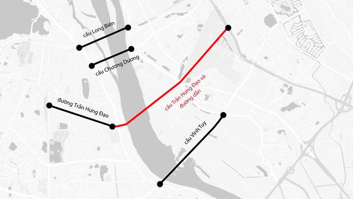  Tại vị trí nằm giữa cầu Chương Dương và Vĩnh Tuy, dự án có chiều dài 4,18 km, điểm đầu tại ngã 5 Trần Hưng Đạo - Trần Thánh Tông - Lê Thánh Tông (thuộc phường Cửa Nam và Hai Bà Trưng); điểm cuối kết nối với phố Nguyễn Sơn (thuộc phường Long Biên và Bồ Đề). Ảnh: Google Maps - Đồ họa: Đinh Hà. 