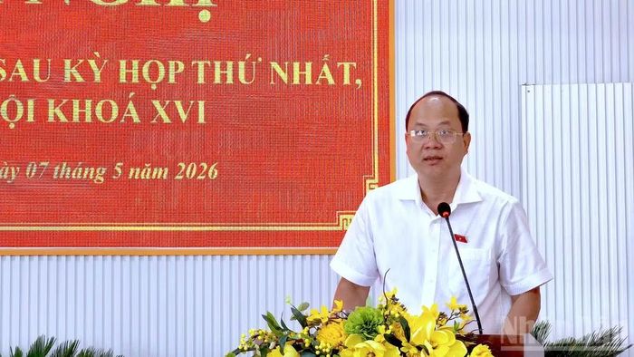 Đồng chí Nguyễn Hồ Hải, Ủy viên Trung ương Đảng, Bí thư Tỉnh ủy, Trưởng Đoàn Đại biểu Quốc hội tỉnh Cà Mau phát biểu tại điểm cầu phường Tân Thành, tỉnh Cà Mau.